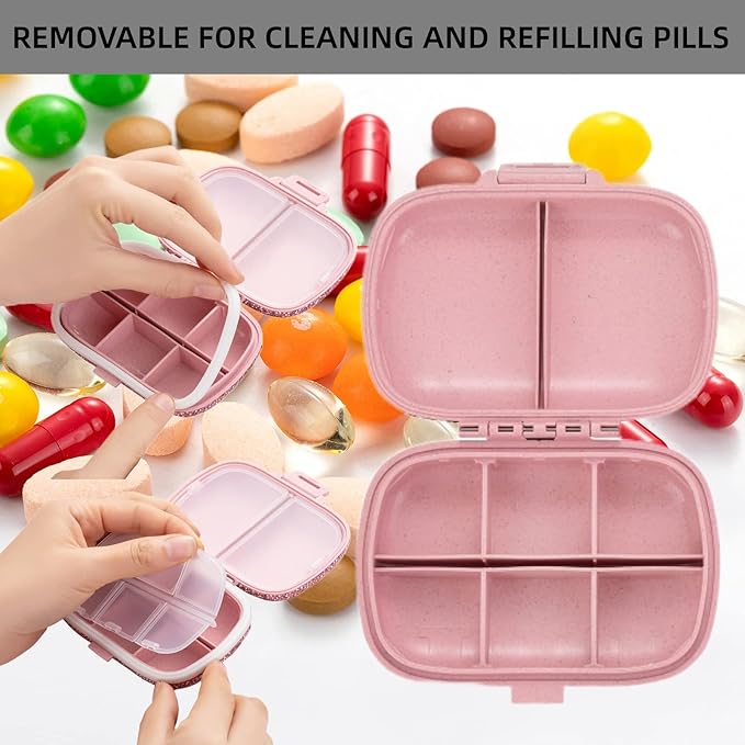 Cute Pill Organizer Small Bling Pill Case for Purse Medicine Vitamin Container Holder Daily Pill Box Container for Women Travel Medicine Kit(Letter M Pink)