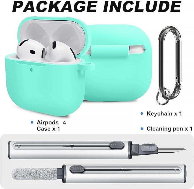 for Airpods 4th Case Cover, Come with Cleaner Kit,Soft Skin Silicone Case Cover with Keychain, Front LED Visibl, Full Protective Case，Compatible with AirPods 4th(Mint Green)