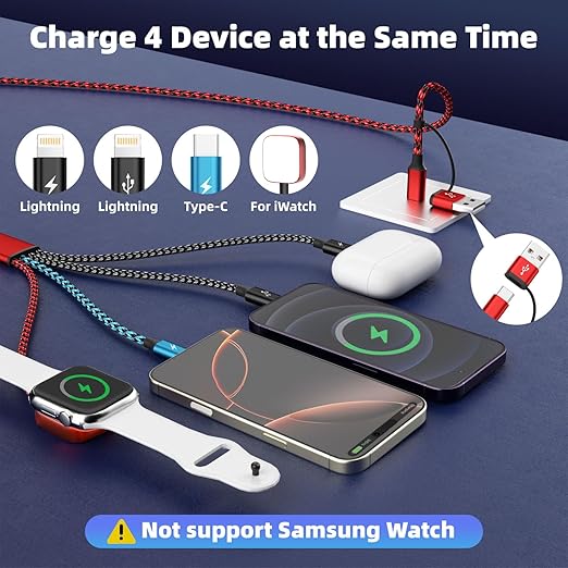 Travel Essentials 4in2 Multi Charging Cable for iPhone Watch Charger,USB A/C to Dual IP/Type C/iWatch Charger,Travel Chargers for Multiple Device Compatible with iWatch Series&iPhone 17-12/Android 5FT