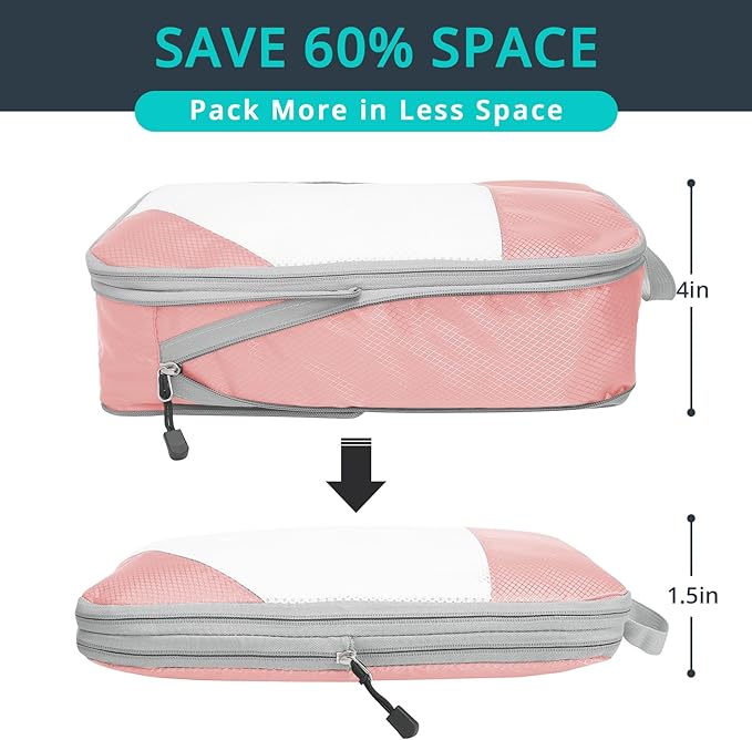 NICOSHOW Compression Packing Cubes 6 Set, Compressible Space-Saving Packing Cubes for Travel - Compression Bags, Luggage Organizer, Travel Essentials for Women, Pink