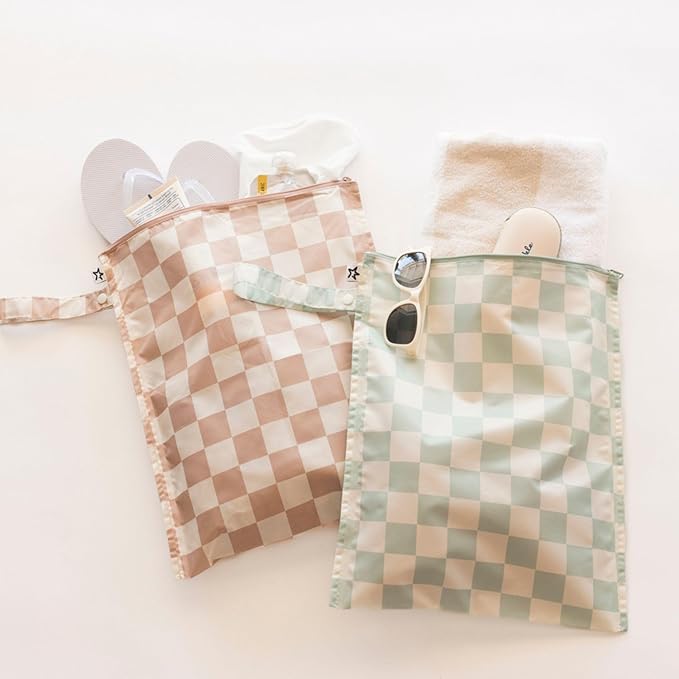 Tiny Twinkle Mess Proof Wet Bags | 1-Pack Reusable Waterproof Wet Bags for Swimsuits | Baby Clothes | Travel & Diaper Bag (Sage Checkers)