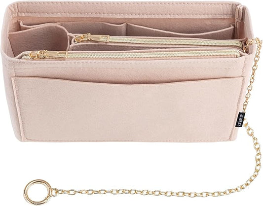 Purse Organizer Insert, Handbag Organizer with Zipper, Tote Shaper with Cup Holder & Keychain, Compatible with LV, Neverfull, MK, COACH, Longchamp, Kate Spade– Khaki-Sl. Med