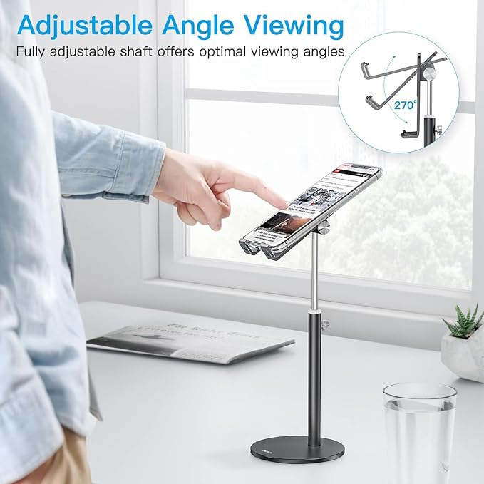 OMOTON Cell Phone Stand, Angle Height Adjustable Phone Stand, Aluminum Desktop Phone Holder Dock Stand for Desk, Compatible with iPhone Air/17 Pro Max/, All Smartphones and Tablets(4-11''), Black