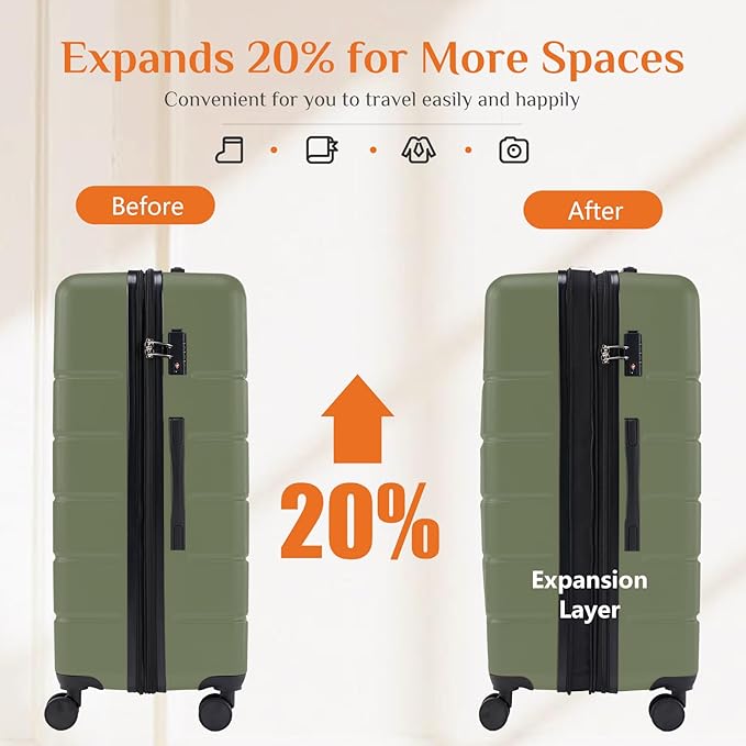 Sweetcrispy 3 Piece Luggage Set, ABS Hard Shell Carry On Suitcase with Smooth Spinner Wheels and TSA Lock, Lightweight Rolling Travel Luggage 20/24/28 Inch for Travel Business Vacation, Green