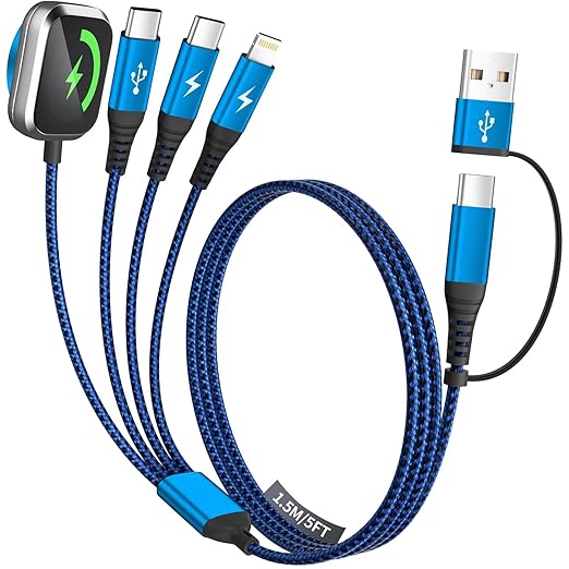 Multi Charging Cable for iPhone Watch Charger, 4 in 2 USB A/C Phone Charger Cord with Dual Type-C/IP, iWatch Cable Nylon Cruise Essentials 2026 Compatible with iWatch/Phone 17-11/Pod/Android, 5FT