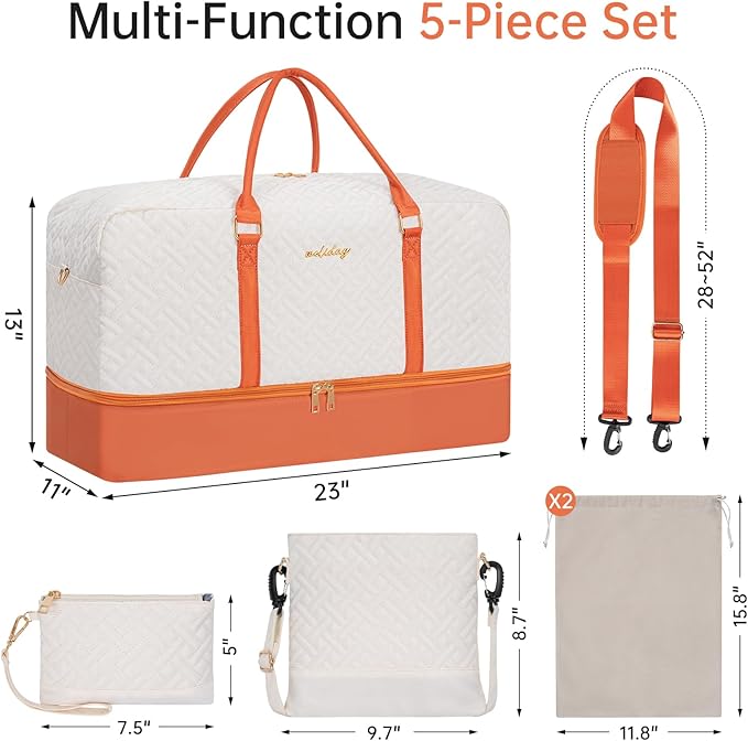 Weekender Bag for Women, 5 Pcs Set Carry on Overnight Bag, 23" Large Travel Duffel Bag with Waterproof Shoe Compartment for Weekend Travel Business Trip
