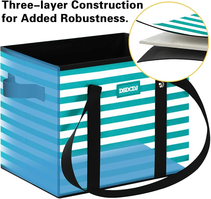 Reusable Grocery Bags 3 Pack - Heavy Duty Reusable Shopping Bags with Hard Bottom & Long Handles, Foldable Utility Tote Bag with Box Shape to Stand Up, 13x10.23x11in, Stripe Green