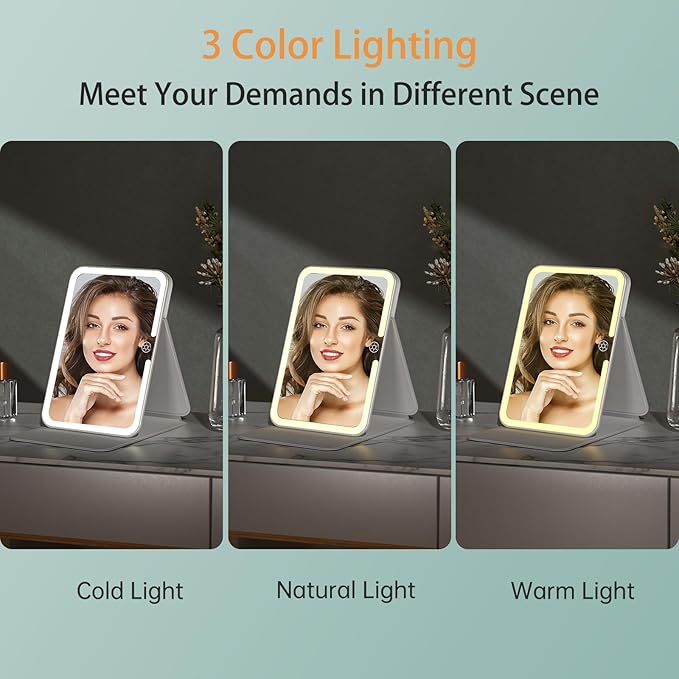 Rechargeable Travel Lighted Makeup Mirror with PU Leather Cover, Portable Travel Makeup Mirror with lights, 3 Color Lighting,Touch Sensor Dimmable, Light Up Tabletop Cosmetic Mirror Folding Flower