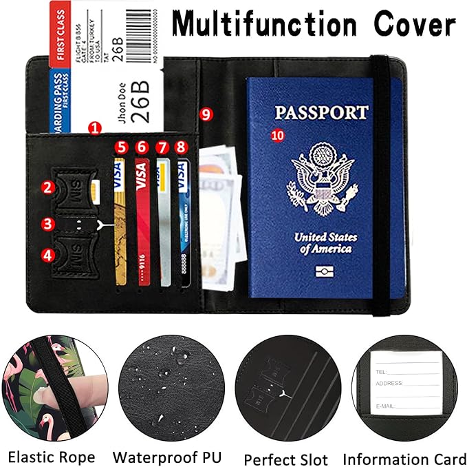 Passport Wallet, Passport Holder with RFID Blocking and Luggage Tag, Waterproof PU Leather Travel Documents Organizer Case, Passport Covers with Card Slot for Women & Men, Flamingo Passport Book