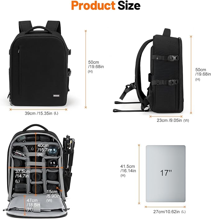 Cwatcun DSLR Camera Backpack，Large DSLR Camera Bag with 17" Laptop Compartment, Waterproof & Tripod Ready