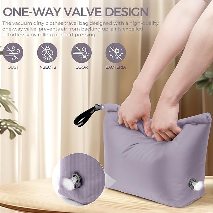 Travel Laundry Bag, Pump Free Vacuum Compression Dirty Clothes Bag Reusable Wet Dry Bags Large Capacity Space Saver Bags Camp Washable Clothes Organizer for Sports Dorm Laundromat (1 Pcs)(Purple, L）