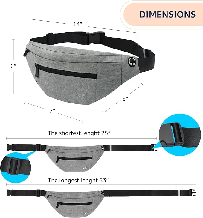 HiRui Large Crossbody Fanny Pack for Men Women Waist Bag Pack with 4-Zipper Pockets Phone Bag Fits All Phones Wallet Keys, Casual Hands-Free Waist Pack for Travel Workout Running (Gray)