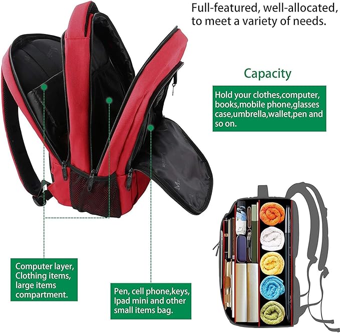 MATEIN Laptop Backpack for Women, Water Resistant College School Bookbag Fits 15.6 Inch Computer for Student Supplies & Accessories, Anti Theft Sturdy Underseat Personal Item Travel Backpack, Red