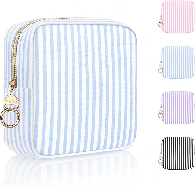 Stripes Period Bag, Small Period Pouches for Teen Girls, Quilted Sanitary Napkin Storage Bag, Compact Discreet Pad and Tampon Holder for Purse (Mini Stripes-Blue)