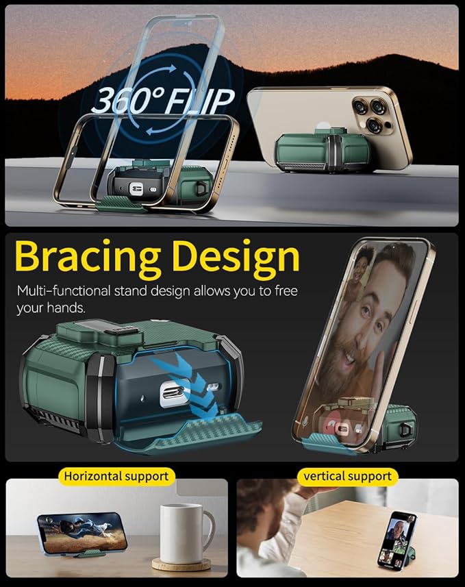 Pohgelan Compatible with AirPods 4 Case,Magnetic Automatic Lock with Phone Stand & Cleaning Kit,Compatible with Magsafe,Carbon Fiber Texture Cover -Green