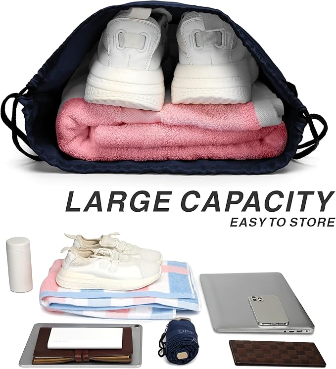 Drawstring Backpack Sports Water Resistant String Bag Sport Gym Sackpack for Women Men Large with Zipper, Navy