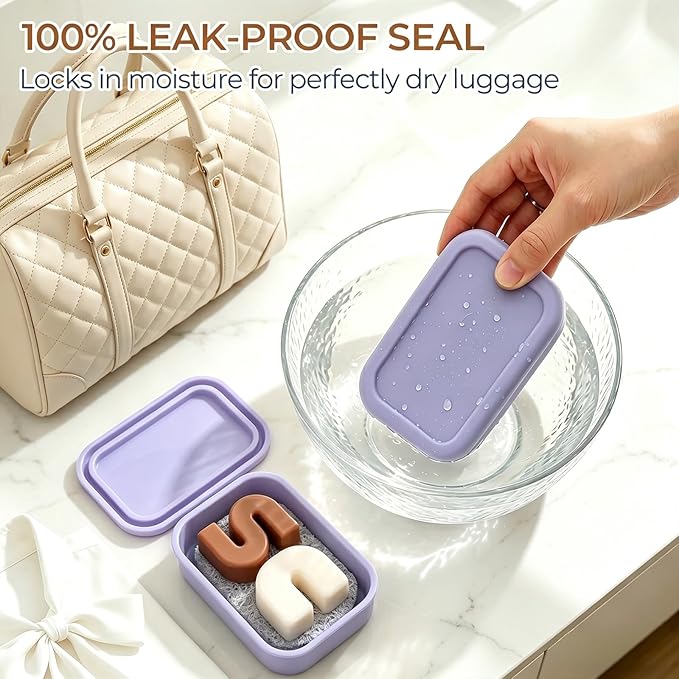 AIMAIAIMAI Silicone Shampoo Bar Travel Case with Drain Pad – Leak Proof Bar Soap Travel Case for 2 Bars, Shampoo & Conditioner Bar Holder for Camping, Gym | 1 Pack, Light Purple