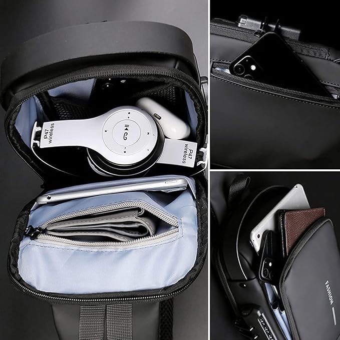 Waterproof Polyester Slim Unisex Crossbody Sling Bag Chest Backpack Men's Shoulder Bag, Leisure Travel Handbag, Hard Shell Anti-Theft Chest Bag, Fashion Bag - Black & Golden, Standard