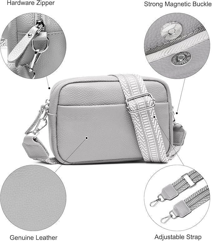 Small Crossbody Bags for Women Genuine Leather, Guitar Strap Shoulder Handbag Purse Camera Bag with Rfid Card Slots, grey