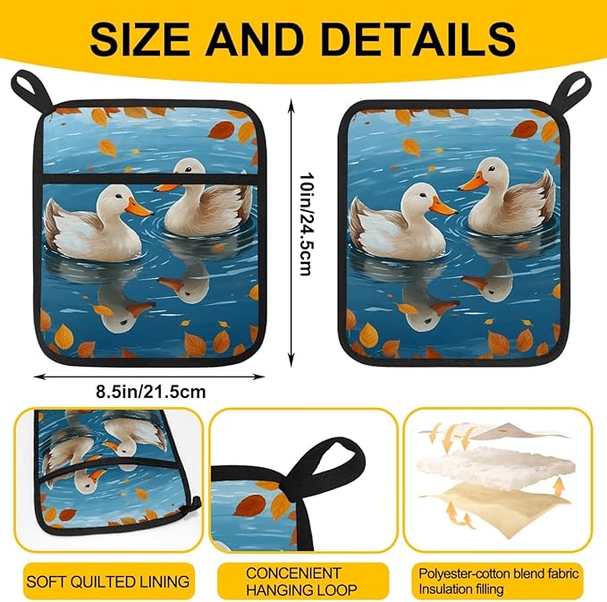 Swimming Cartoon Duck Pot Holders with Pockets 2 PCS, Heat Resistant Oven Mitts Hot Pads for Kitchen Baking Cooking, Square Thick Pot Holders Kitchen Hot Potholders, 8.5x10 Inches