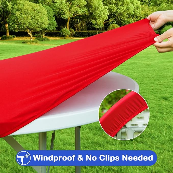 Wolkemer 2 Pack 5 Foot Red Fitted Tablecloth 60 Inch Round Elastic Edges Table Cloth, Spandex Stretch Table Cover with Machine Washable Fabric for Wedding Party Picnic Dining Indoor Outdoor