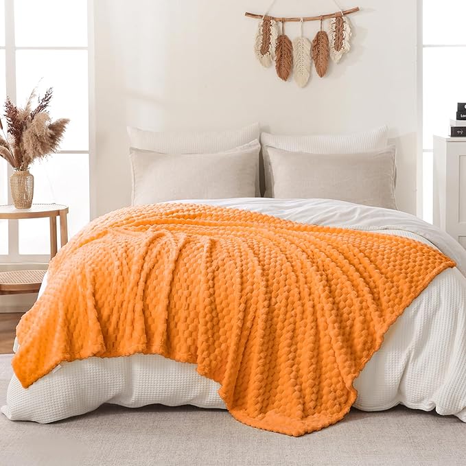Bnuitland Soft Flannel Throw Blanket(50X70 inches), 3D Jacquard Fluffy Lightweight Fleece Throw Blanket for Couch,Sofa,Bed, 300 GSM Super Cozy Warm for All Season Home Decor,Light Orange