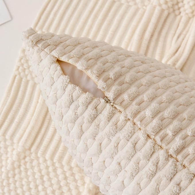 Kevin Textile 14x22 Inch Pillow Cover 1 Pack Boho Decorative Soft Striped Corduroy Lumbar Farmhouse Solid Color Accent Rectangle Cushion Case for Living Room Couch Sofa Bed, Cream White