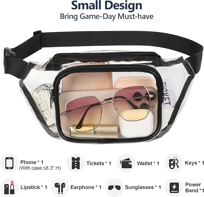 Veckle Clear Fanny Pack Stadium Approved - Adjustable 33-47 Inch Strap, Transparent Belt Bag for Women Men Fits 7.5-inch Smartphone, Waist Bag Clear Bag for Stadium Events, Sport, Concerts, Black