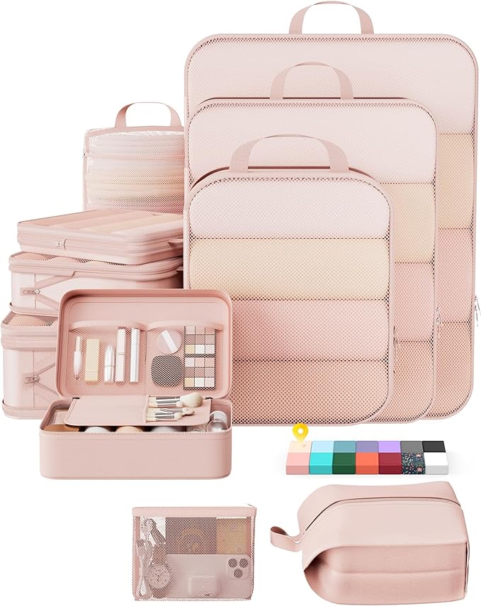 Veken 10 Set Compression Packing Cubes for Travel Essentials,Compressible Expandable Large Luggage Suitcase Organizer Bags for Clothing,Durable Space Saver Storage Bags with Toiletry Bags(Beige)