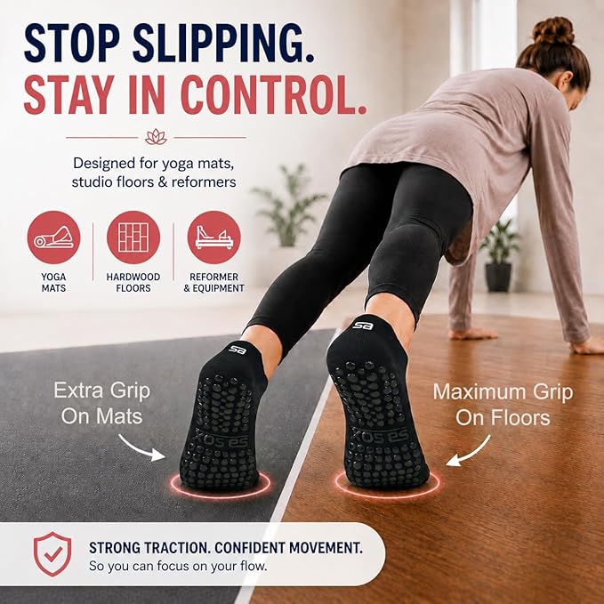 SB SOX Pilates Socks for Women (2 Pairs) - Non Slip Grip Socks for Yoga, Barre, Hospital - With Lite Compression