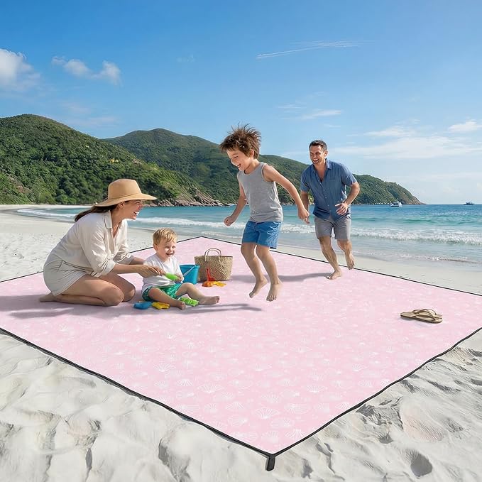 OIGAE Family Beach Blanket, 7×8 ft Sand-Free Picnic Mat for 1–4 People, Quick-Dry Lightweight Outdoor Blanket with Stakes & Corner Pockets, Shell, Pink