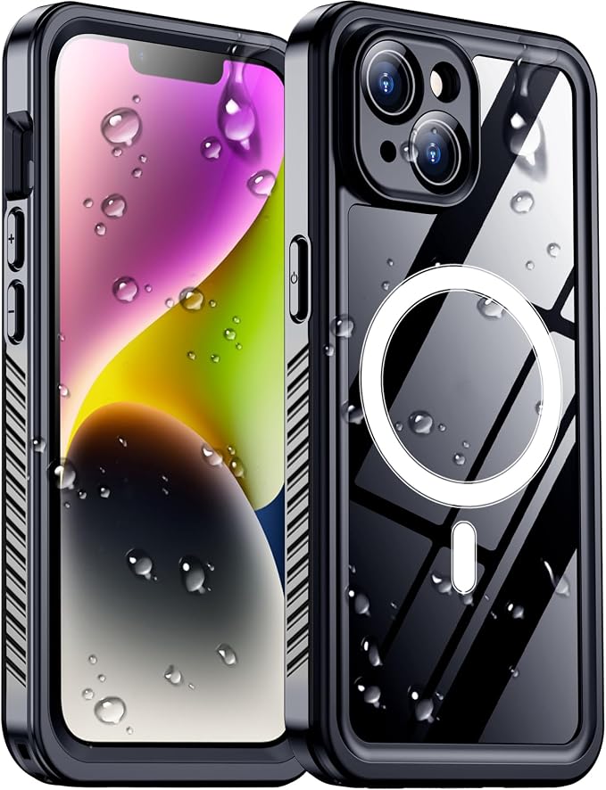 Compatible with iPhone 14 Case Waterproof, Built-in Screen & Camera Protector IP68 Underwater Full Body 14FT Military Dropproof Shockproof Phone Case 6.1"-Black/Clear-Mag