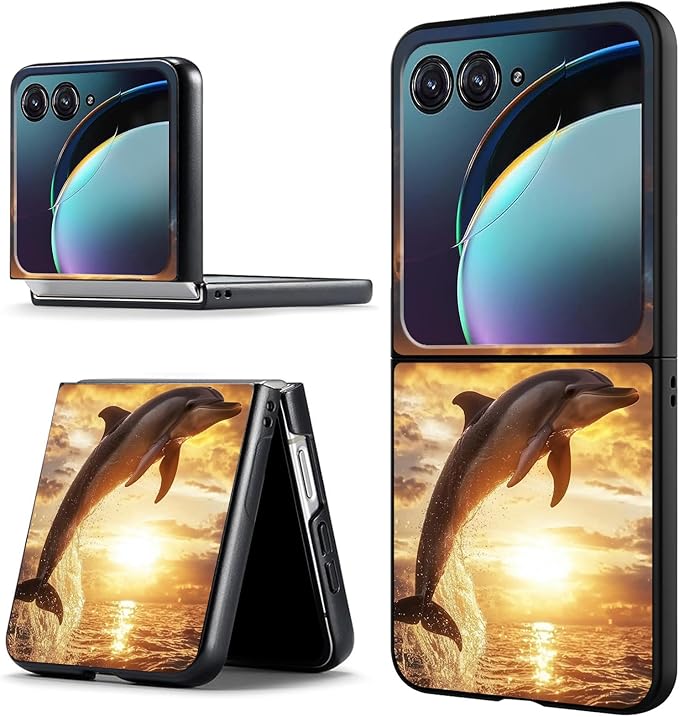 for Motorola Razr Plus 2025 Case,for Razor Plus 2025 Phone Case Cute Slim Hard PC Ultra-Thin Anti-Scratches Shockproof Protective Cover,Golden Dolphin Sunset