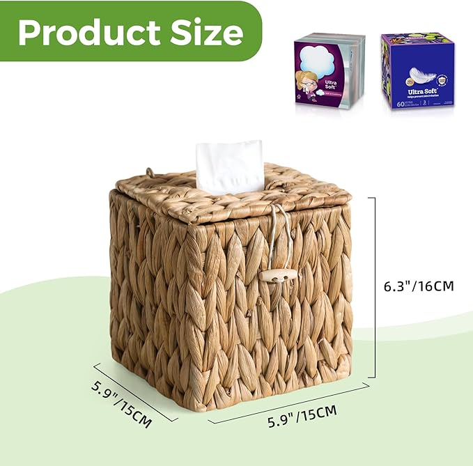 Rattan Tissue Box Cover with Lid, Wicker Tissue Box Holder Square, Hand Woven Cube Tissue Box Cover Tissue Holder for Bathroom Living Room Kitchen Office, Natural