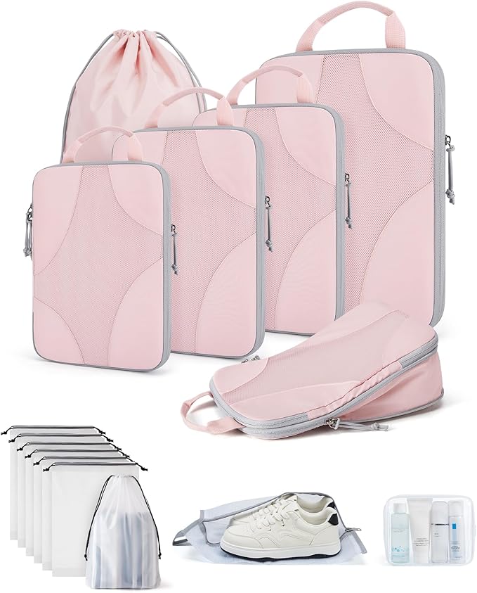 BAGSMART Compression Packing Cubes for Travel, 6 Set/14 Set Compressible Luggage Organizer for Cruise Ship, Lightweight Travel Essentials (1L+2M+2S+Shoe bag+Drawstring bag+Toiletry bag+6Plastic bags)
