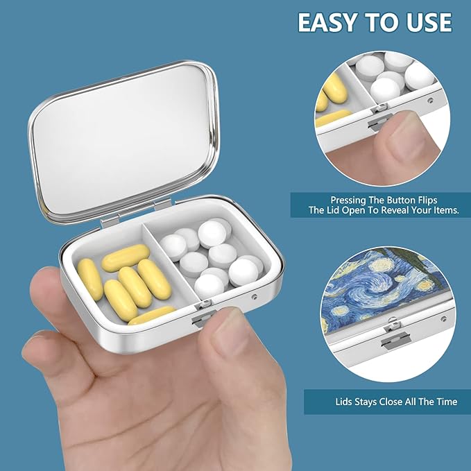 Pill Box 2 Compartment Small Pill Case,Portable for Pocket or Purse Pill Organizer Pill Container Holder to Hold Vitamins, Medication, Fish Oil and Supplements(Starry Night)