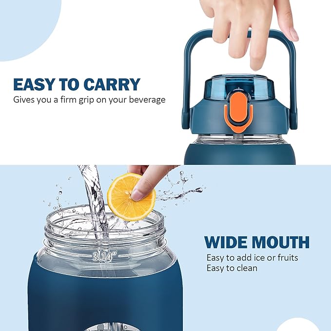 64oz Glass Water Bottles with Straw, Half Gallon Motivational Glass Bottle with Silicone Sleeve and Time Marker, 2L Leakproof Large Glass Water Jug for Gym Home Office,Blue