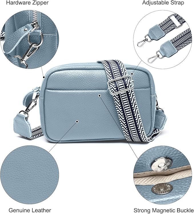 Small Crossbody Bags for Women Genuine Leather, Guitar Strap Shoulder Handbag Purse Camera Bag with Rfid Card Slots, blue