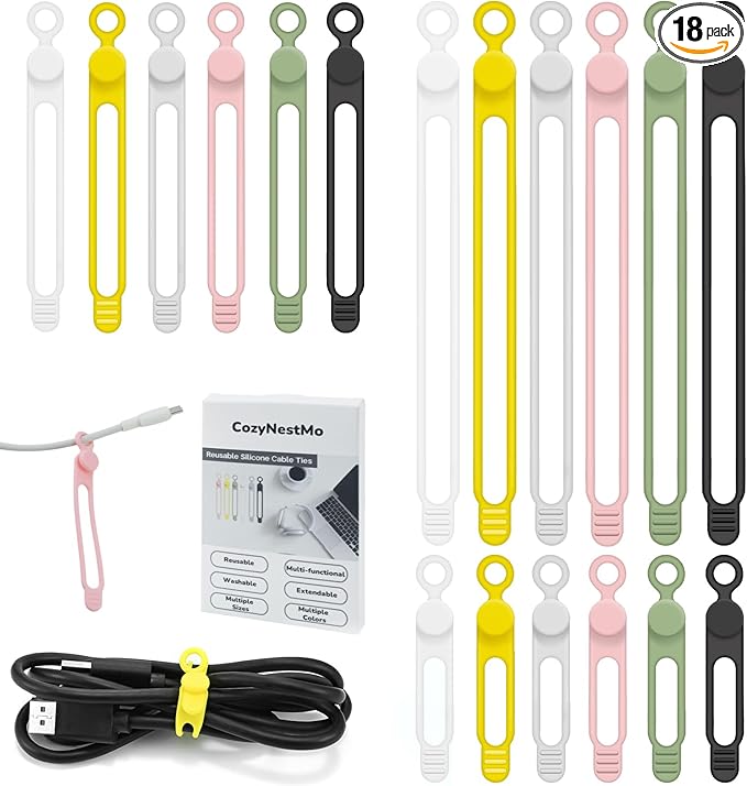 Silicone Cable Ties Reusable, 3Sizes Elastic Wire Ties for Bundling and Organization Cables, 6Colors Multipurpose Cable Straps, Cord Organizer for Appliances and Fastening Electrical Cords