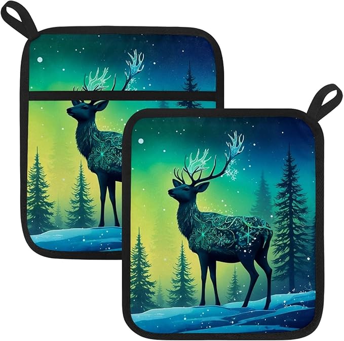 Fantasy Reindeer Pot Holders with Pockets 2 PCS, Heat Resistant Oven Mitts Hot Pads for Kitchen Baking Cooking, Square Thick Pot Holders Kitchen Hot Potholders, 8.5x10 Inches