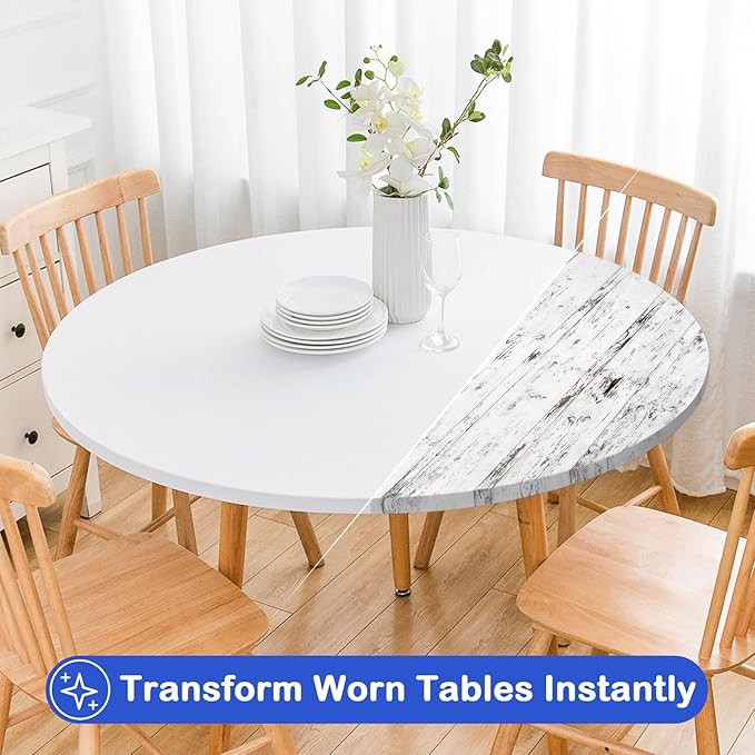 Wolkemer 2 Pack 5 Foot White Fitted Tablecloth 60 Inch Round Elastic Edges Table Cloth, Spandex Stretch Table Cover with Machine Washable Fabric for Wedding Party Picnic Dining Indoor Outdoor