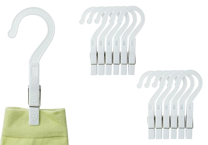 New Talent Laundry Hooks Clip Set of 12, Clothing Pin Hooks, Plastic Clothes Hangers, for Bathroom Travel Portable,White