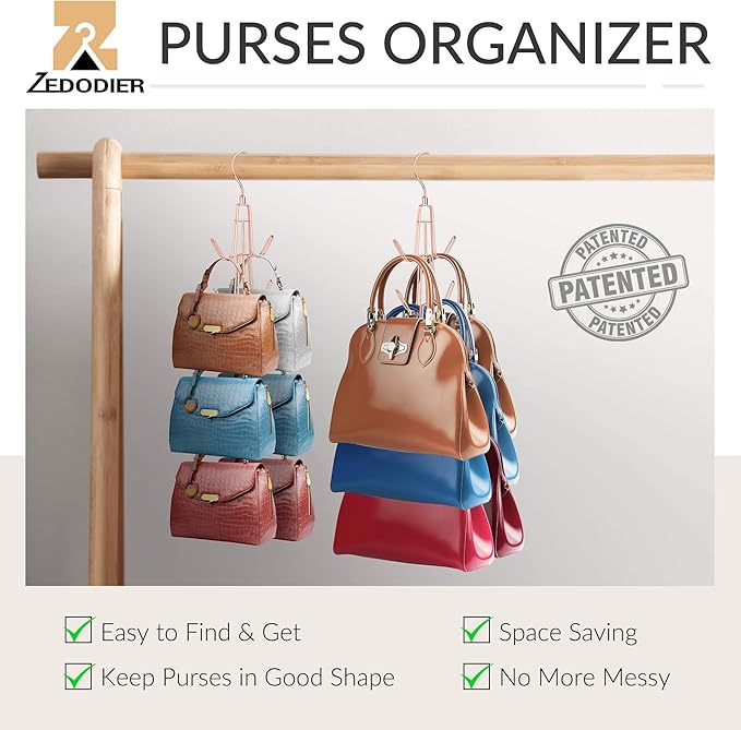 ZEDODIER Purse Organizer for Closet, Heavy-Duty Hanging Purse Hanger Closet Holds Up to 6 Purses, Metal Rotating Space Saving Bag Holder Handbag Storage Hook Backpack Rack, Rose Gold