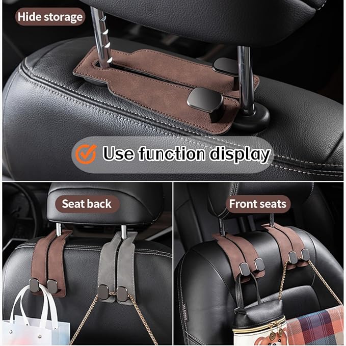 Coozyland Car Hooks, Coozy Land Metal Multi-Function Leather Car Headrest Hooks, Universal Double Hook Car Seat Back Storage Hooks for Wallets, Handbags, Bottles, Trash Bags, etc(White 2-Pack)