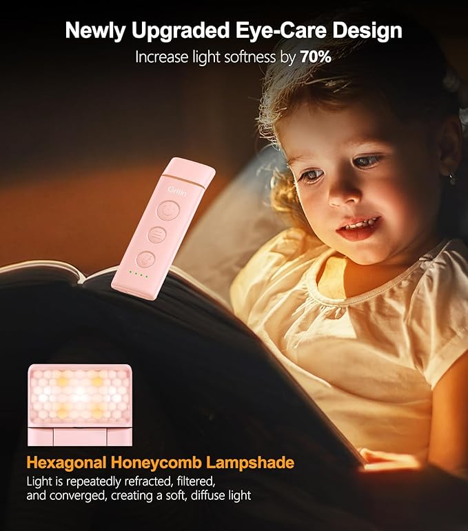 Gritin Book Light Rechargeable, Eye Caring 3-Color & 5-Brightness Clip on LED Reading Light for Books in Bed- Stepless Dimming, Long Lasting, Compact Size Flexible Book Lamp for Bookworms-Pink