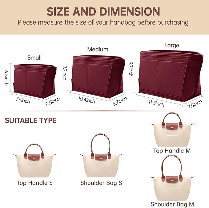 OPPOSHE Purse Organizer Insert for Longchamp Le Pliage, Premium Felt Long Champ Bag Handbag Women, Tote Organizer Insert with 9 Compartments (Medium, Dark Red)