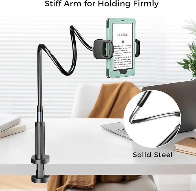 Kefotic Long Gooseneck Tablet Holder for Bed Works with Thick Case, eReader Stand Compatible with All Kindle Paperwhite Colorsoft Scrible, Desk Flexible Arm for iPad iPhone Fire HD Smartphones