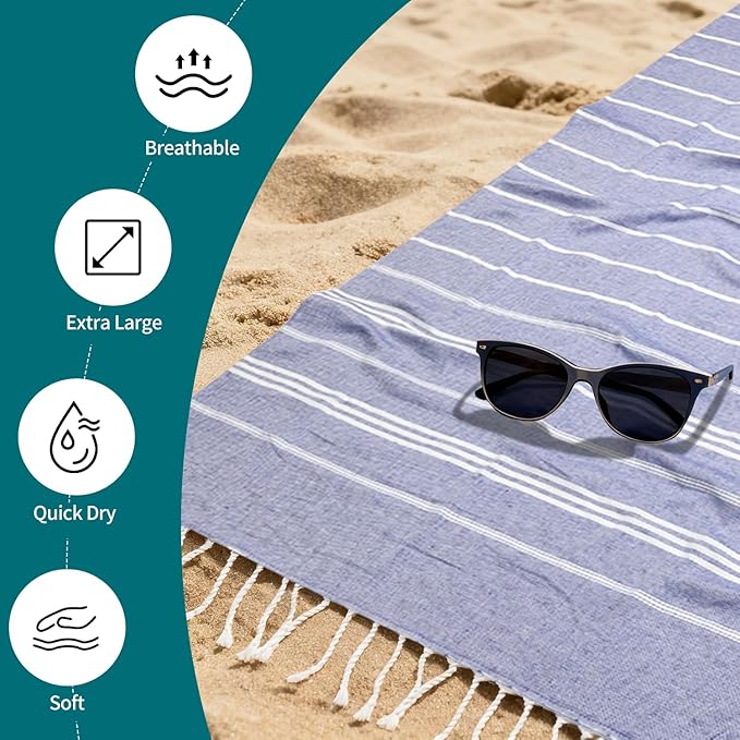 YSYJ 24 Pack Turkish Beach Towel 36"x71" Beach Towels Oversized Bath Towels Sand Free Quick Dry Turkish Towel Bulk Extra Large Pool Blanket Navy