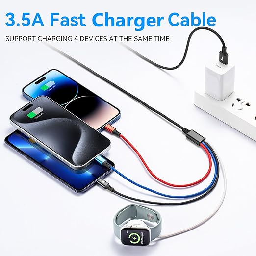 MINLU Multi Charging Cable 3.5A, 4 in 1 Braided iWatch & iPhone Multi Charger with Lightning/USB-C/Micro for Magnetic Wireless Watch Charger iWatch Series UItra/10-1/iPhone 17 16 15 14 13/Galaxy-6FT