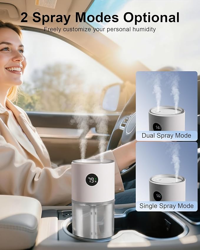 2025 Digital Display Car Humidifier, 3000mAh Portable Mini Rechargeable Humidifier for Car Travel Office Desktop Baby Kids Bedroom - Powerful Dual Spray Timer Setting 20dB Quiet Night Light
